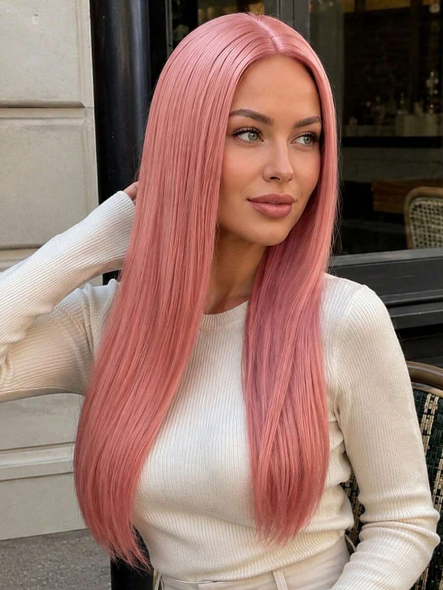 28 Inch Pink Middle Part Long Straight Wig, Elegant Women's Wig, Natural Style, Elegant And Fashionable, Easy To Wear, Suitable For Daily, Party, Halloween And Carnival And Other Various Celebration Events. - Pink - View 1