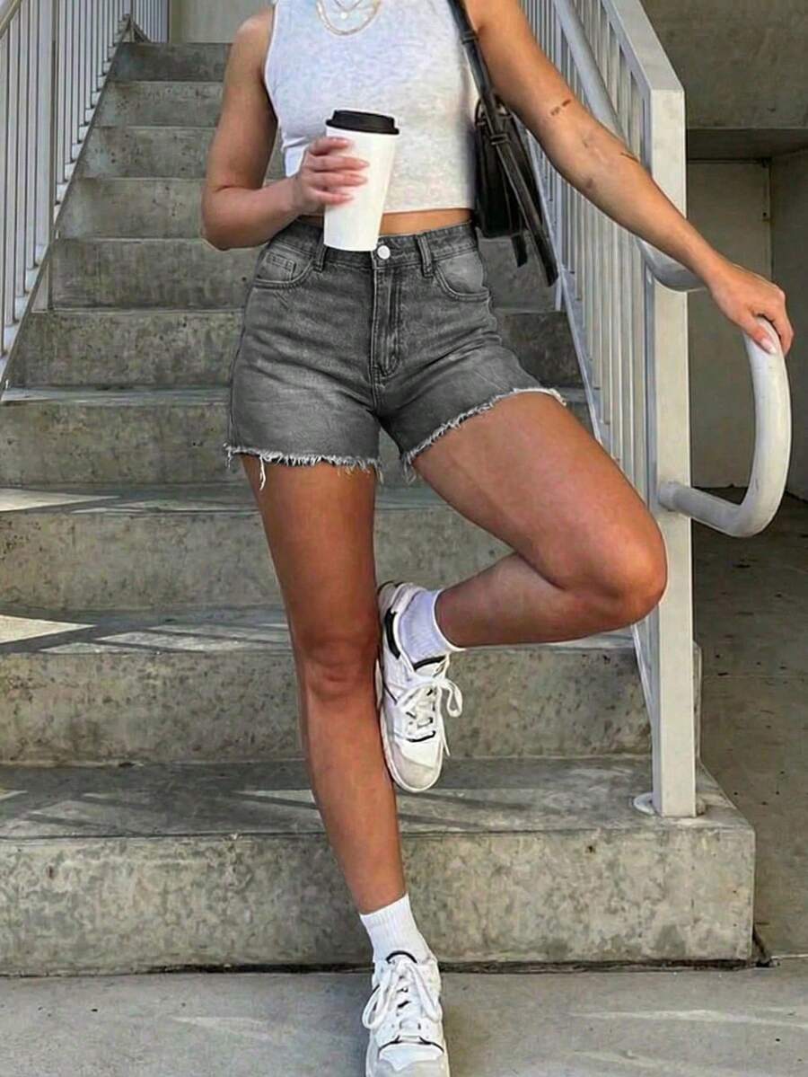 Shorts vaqueros rectos y holgados para mujer - Gris - Ver 1
