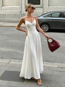 Vuslat Women's Summer Pure White Plain Double Thin Strap Criss-Cross V-Neck Split Fishbone Waist Gathered Sides Full Skirt Floor-Length Vacation Dress, Draping Breathable Matte Woven Fabric, Suitable For Independence Day, Holiday Outfits, Beach Outdoor Parades, European City Street Photography, Island Vacation Travel Photos, Luxury Afternoon Tea Dates, Summer Short Trips To Nearby Suburbs And Multiple Occasions - White - View 4
