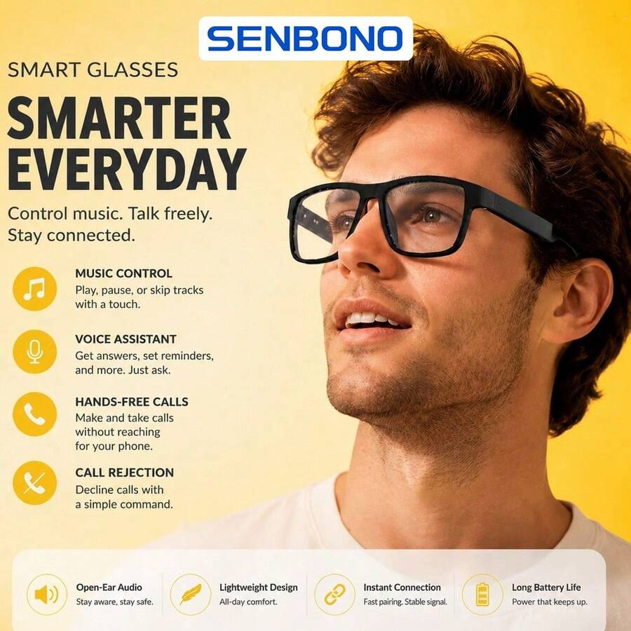 SENBONO 智慧音訊眼鏡 - 觸控操作穿戴式科技、Hi-Fi 音質、內建麥克風、USB 充電、無線連接,適用於音樂、輕量裝飾眼鏡、通話與戶外活動 - 送給男士與女士的完美禮物 - 查看 1
