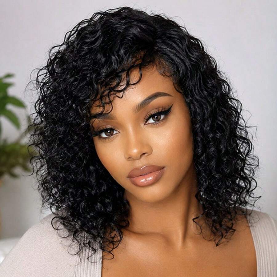 Pixie Cut Wig Curly Wig 100% Human Hair Wig Women's Short Hair Wig Fluffy Shape With Bangs Mechanical Manufacturing 8 Inches Suitable For All People - Natural Black - 查看 1
