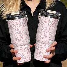 1pc/5pcs 30oz Stainless Steel Insulated Tumbler, Pink Floral Print, Keeps Cold And Hot. Equipped With Leak-Proof Lid, Straw And Portable Handle, Suitable For Indoor Daily Use And Outdoor Travel, A Delicate Birthday Gift For Floral Lovers. - Light Pink - Small Flowers - View 3
