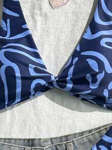 Conjunto de bikini de bandeau con estampado completo y nudo delantero, moda de verano para vacaciones en la playa para mujer - Rosa Pálido - Ver 4