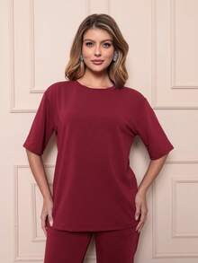 TZ-128 Comfortable And Versatile Casual Wide Leg Pants Set - Burgundy - View 5