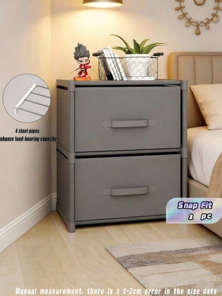 2 Drawer Stackable Plastic Storage Cabinet With Steel Support, Snap Assembly Nightstand Dresser Drawer Organizer, Portable Closet Storage Chest For Clothes, Toys, Bedroom Sundries