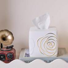White Ceramic Cube Tissue Box Cover With Gold Rose U2013 Large Elegant Rose Floral Square Decorative Tissue Box Holder For Bathroom, Bedroom, Office Desk, Kitchen Counter U2013 Perfect Housewarming Gift - White - View 7