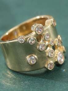 1pc Elegant Chunky Hollow Bubble Zirconia Golden Plated Wide Band Ring, Asymmetric Designer Statement Rhinestone Cocktail Ring - White - View 4