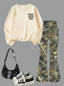 American Style Versatile Girls' Sweatshirt & Leaf Print Pants 2-Piece Set, Random Cut, Suitable For Spring And Autumn, Perfect For School, Vacation, Shopping And Sports - Apricot - View 2