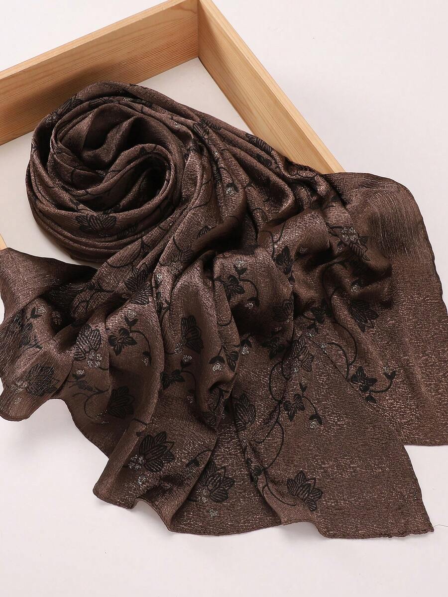 1pc Crinkled Satin Hijab Scarf, Suitable For Daily Wear - Coffee Brown - View 1