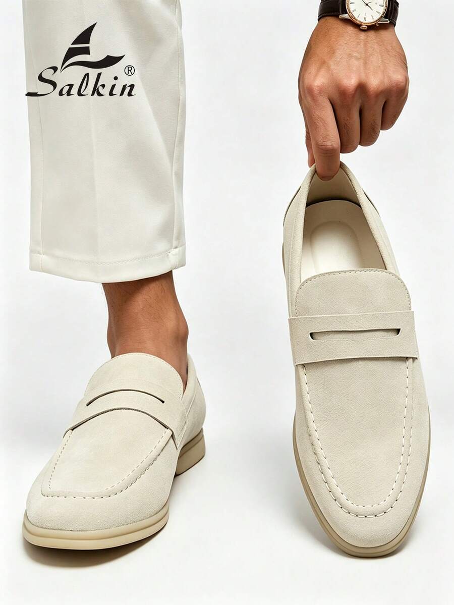 Salkin Mocassins Penny de luxe pour hommes, couleur crème unie,  , chaussures décontractées, design classique, luxe abordable pour la vie moderne, mocassins doux, confortables, respirants, semelle durable, chaussures élégantes pour gentleman, polyvalentes pour costumes, étudiants, rentrée scolaire, style preppy, chaussures formelles d'affaires pour hommes, bureau, fête, banquet, mariage, chaussures de marié à la mode, toutes saisons, veuillez choisir une taille plus grande