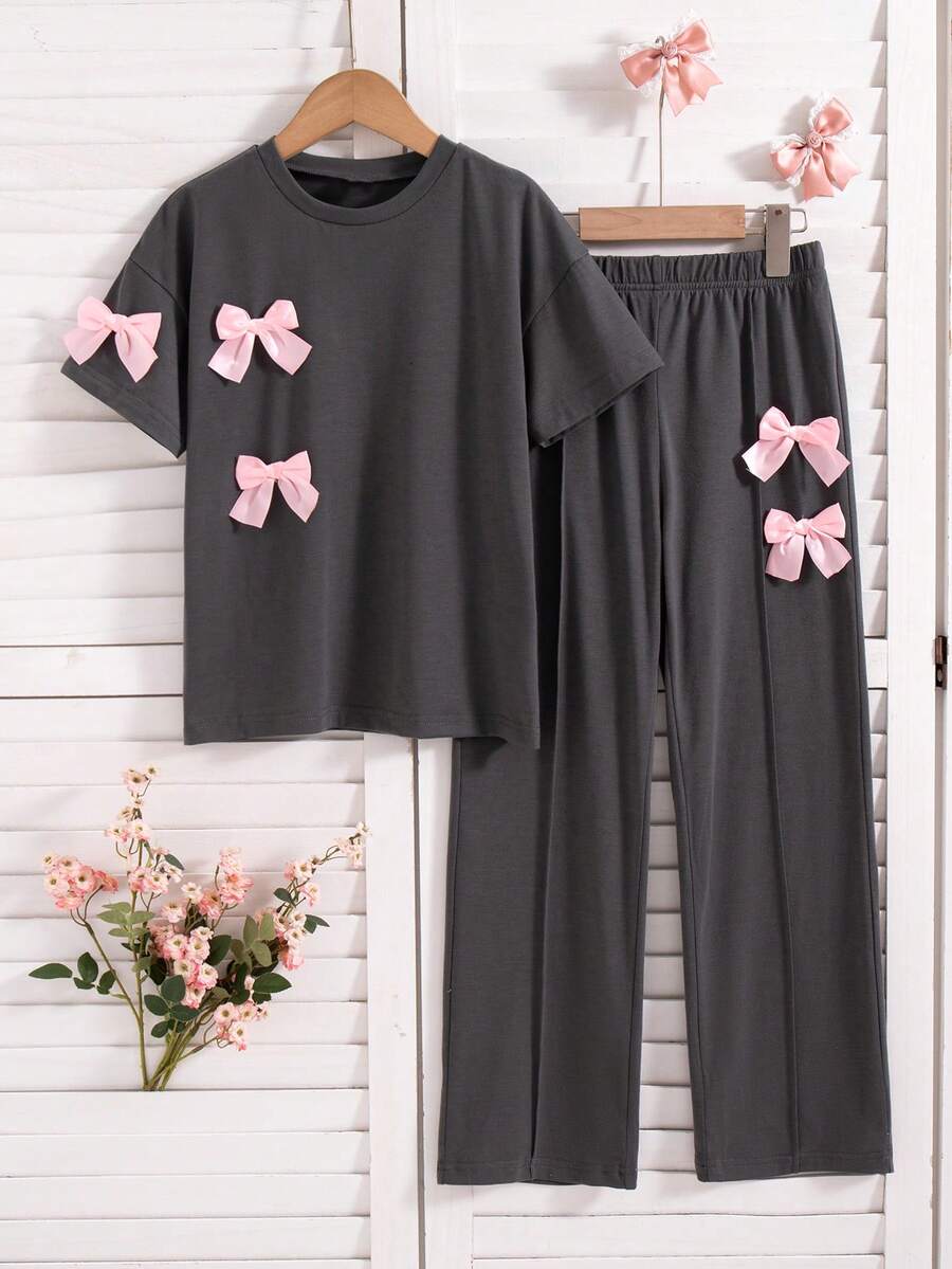2 pièces/Set Top T-shirt à manches courtes et pantalon long tenue d'été pour filles, couleur unie avec décoration nœud 3D - Gris foncé - Voir 1