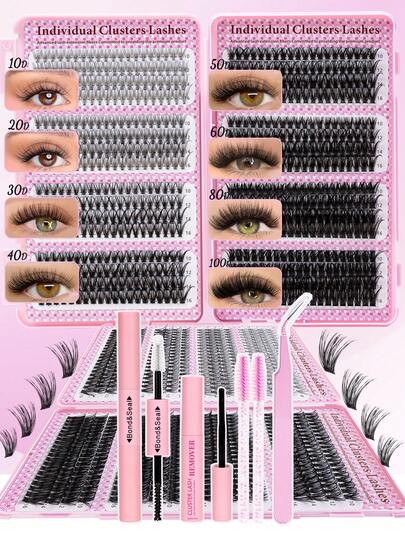 640pcs, D Curl, Soft Individual Lash Clusters, DIY Eyelash Extension Kit, Mix Individual Lashes Kit With Lash Bond And Seal, Remover, Lash Tweezers, Brushes, Eyelash Extension Kit DIY At Home, False Eyelashes Set