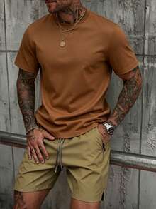 Summer Men's Solid Color Short Sleeve T-Shirt + Solid Color Shorts 2-Piece Set Casual Sports Outfit With Zipper Pocket + Drawstring - Multicolor - View 6