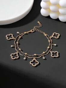 1件優雅浪漫度假風奢華閃亮四葉草吊墜雙層圓珠細鏈金金色女款多層腳鍊（由於手工切割，鏈條上的珠子數量隨機，基於固定長度，不影響最終佩戴效果） - 金黃色 - 查看 3