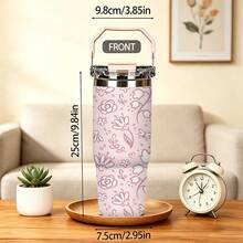 1pc/5pcs 30oz Stainless Steel Insulated Tumbler, Pink Floral Print, Keeps Cold And Hot. Equipped With Leak-Proof Lid, Straw And Portable Handle, Suitable For Indoor Daily Use And Outdoor Travel, A Delicate Birthday Gift For Floral Lovers. - Light Pink - Small Flowers - View 6
