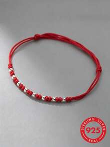 HuooNew 1pc Minimalist 925 Sterling Silver Beaded Red Rope Bracelet For Daily Wear, Adjustable - Red - View 1