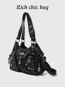 2026 New Black Punk Style Fashionable Women's Stray Bag With One Shoulder, Cross Shoulder, And Cross Shoulder Handbag, - 黑色 - 查看 9