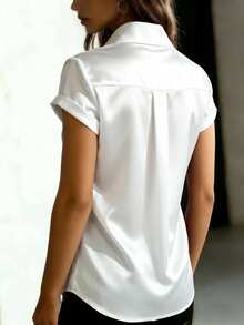 Women's Satin Short Sleeve Button-Up Shirt Collar Basic Top Summer White - White - View 4