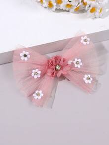 1pc Pink Mesh Hair Bow For Girls Flower Hair Clip Rhinestone Alligator Clip Cute Barrette Daily Vacation Party Hairpin Teens Hair Accessories - Pink - View 9