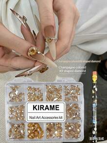 KIRAME 120顆香檳色尖頭水鑽，K9玻璃多形狀鑽石混色6-14mm美甲裝飾套組，含點花工具，DIY沙龍美甲，適合聖誕、夏季、假期美甲，美甲配件，美甲鏈條美甲飾品 - 香檳色 - 查看 3