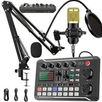 Podcast Equipment Bundle, Professional Wireless Microphone Audio Interface, Portable All-In-One Podcast Device With Built-In Microphone Preamp, USB Charging, And Wireless Design, Suitable For Recording, Live Streaming, DJing, And Smartphones