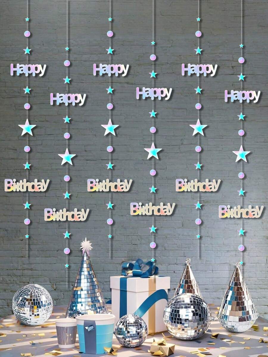 4/1pc Iridescent Happy Birthday Banner Decoration, Star & Dot Paper Streamer, Birthday Party, Celebration, Anniversary, Room Decor, Party Backdrop Wall Hanging, Gift