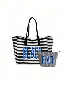 大容量黑白條紋海灘托特包，印有「BEACH」標誌，可摺疊帆布肩背包，防水防沙，適合旅行、夏季海灘度假、泳池派對、購物及日常使用，適用於女性、學生、通勤者和旅行者，適合春假、復活節、母親節、開學、畢業、假期和禮物 - 彩色 - 查看 15