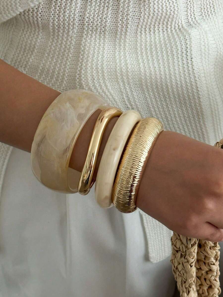 1pc/3pcs/4pcs/Set Bohemian Geometric Asymmetric Curved Striped Resin Bracelet, Luxury Casual Party Women Couple Wedding Holiday Versatile Jewelry Gift (Bracelet Material And Color Subject To Actual Product)
