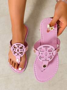 2026 Nuevas sandalias tipo flip-flop planas con diseño hueco para mujer talla grande - Casual versátil - Nueva llegada de verano - Cómodo casual - Uso diario - Vacaciones en la playa - Diseño hueco - Estilo de punta abierta - Zapatos planos - Caqui - Tacón bajo - Estilo casual - Desplazamiento al trabajo - Celebración de fiesta - Verano - Beige, Negro, Blanco, Rojo, Dorado, Plateado, Marrón, Material sintético - Rosa - Ver 4