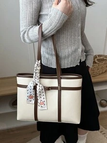 Bolso tote de hombro de gran capacidad con bufanda gratis, color liso, estilo casual de moda para uso diario, bolso de mano de PU con patchwork de bloques de color - Beis - Ver 3