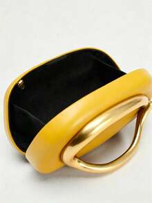 Hard Shell Clutch, Solid Color With Pattern, Large Gold Curved Metal Hardware, Detachable Chain Crossbody Strap, Minimalist Luxury Style, Suitable For Parties - Yellow - View 5