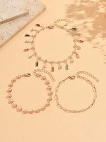 3pcs/Set Gelang Kaki Gaya Mewah Serbaguna Musim Panas, Set Multi-Piece Fashion dengan Hiasan Rantai Hati Rumbai Berlian Imitasi Warna-warni, Perhiasan Kaki Wanita Emas, Cocok untuk Pemakaian Sehari-hari, Liburan Pantai, Kencan, Pesta, Festival Musik - MultiWarna - View 2