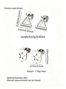 VceTd 2 Pairs/3 Pairs/5 Pairs Set Minimalist Fashion Cute Mini Style Triangle/Heartbeat/Water Cup/Five-Pointed Star/Heart Lock Design Stainless Steel Women's Earrings Set Suitable For Women's Daily Wear/Party/Evening/Date/Wedding/Holiday Gift For Friends - Silver - View 12