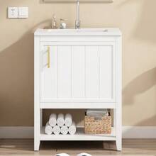Mueble de baño con lavabo individual, mueble de lavabo de 60 cm con lavabo de cerámica y estante, blanco. - Blanco - Ver 12