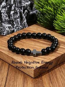 Hematite Cross Beaded Bracelet With Black Tourmaline, Protection, Grounding, Harmony, Religious Yoga Meditation Vintage Jewelry Gifts For Women Men - Black - View 7