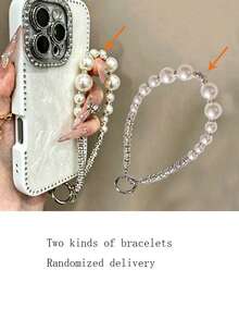 1pc Luxury Laser Sparkling Rhinestone Textured Phone Case, Compatible With IPhone 17 Pro Max/16 Pro Max/15/14/13, Pearl Bracelet Design, Shockproof Protection, Hard Shell Frame - White - View 7