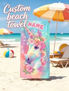 Toalla de playa personalizada con nombre, estampado de unicornio floral arcoíris, toalla de microfibra de secado rápido personalizada para niñas, verano, playa & vacaciones de natación - Multicolor - Ver 2