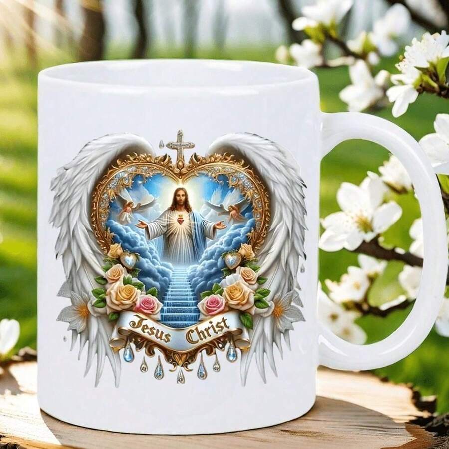 [Ships Within 24 Hours Locally In Mexico][Ships Within 24 Hours Locally In Mexico] 1 Ceramic Mug With Elegant Angelic Jesus Christ Design - Inspirational Heavenly Art With Roses, Doves And "Jesus Christ" Text, Dishwasher , Durable And Reusable For Hot/Cold Drinks - Gift - Gambar 1 PCS - View 1
