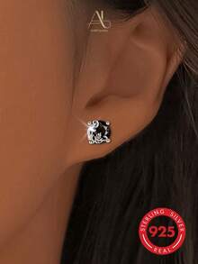 1 pieza Pendientes de botón de mujer de diseño único y minimalista premium en plata de ley 925 con circonita, forma geométrica redonda de alga marina, adecuados para vacaciones, banquetes, uso diario, ir al trabajo, estilo exquisito perfecto para regalo de cumpleaños y aniversario - Plateado - Ver 6
