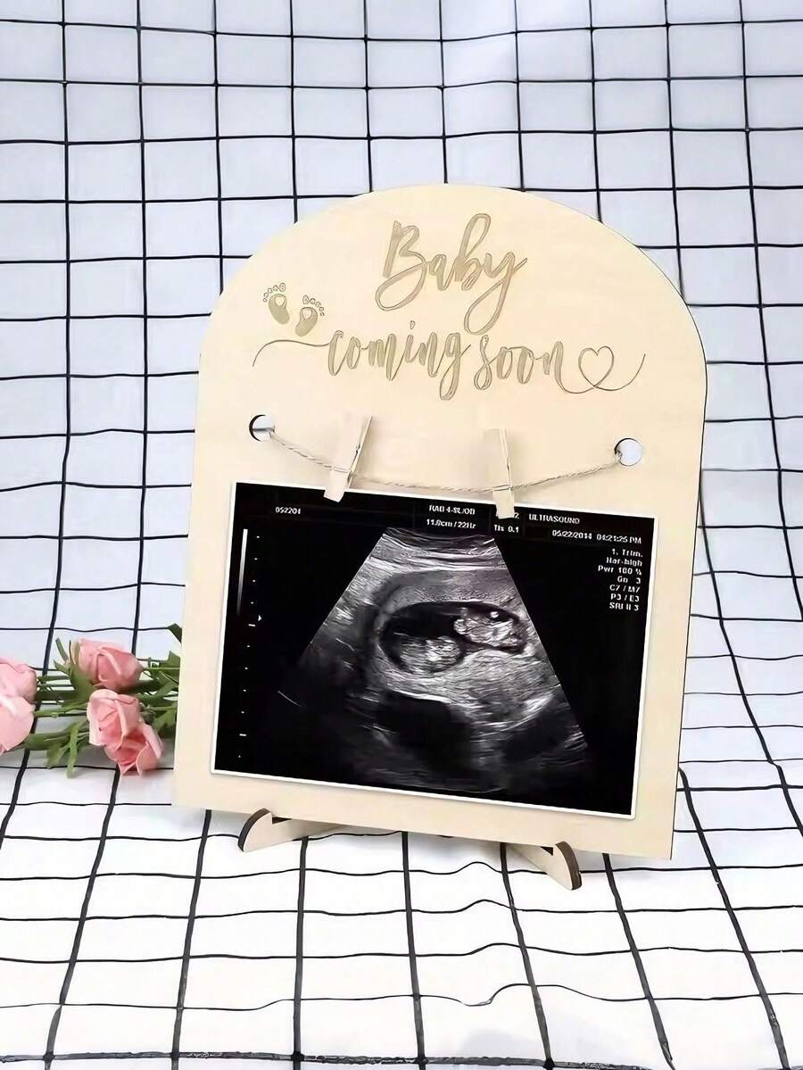 1pc Wooden Photo Frame With Small Footprint & Engraved Pattern, Wooden Clip For B Ultrasound Photo, Minimalist Ins Style Growth Commemorative Desktop Decor For Baby Gender Reveal Party, For Expectant Parents - Multicolor - View 1