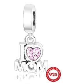RADIVIDE 1件 925純銀 I Love Mom 垂墜吊飾，粉色鋯石心形吊墜銀飾女款萬聖節手鍊珠 - 銀色 - 查看 2