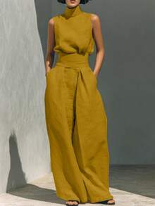 Women's Linen Sleeveless Turtleneck Jumpsuit, High Waisted Wide Leg Pants Jumpsuit With Pockets, Elegant Casual Summer Romper For Work & Vacation - 黃色 - 查看 1