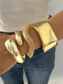 Juego de 3 brazaletes anchos de resina CCB con acabado brillante, diseño minimalista exagerado, elegante y exquisito, estilo vintage de moda con capas, motivos geométricos de cinta, onda, gota de agua y cuadrado con degradado, para vacaciones, fiestas, citas, regalo, uso diario y personalizado - Multicolor - Ver 5
