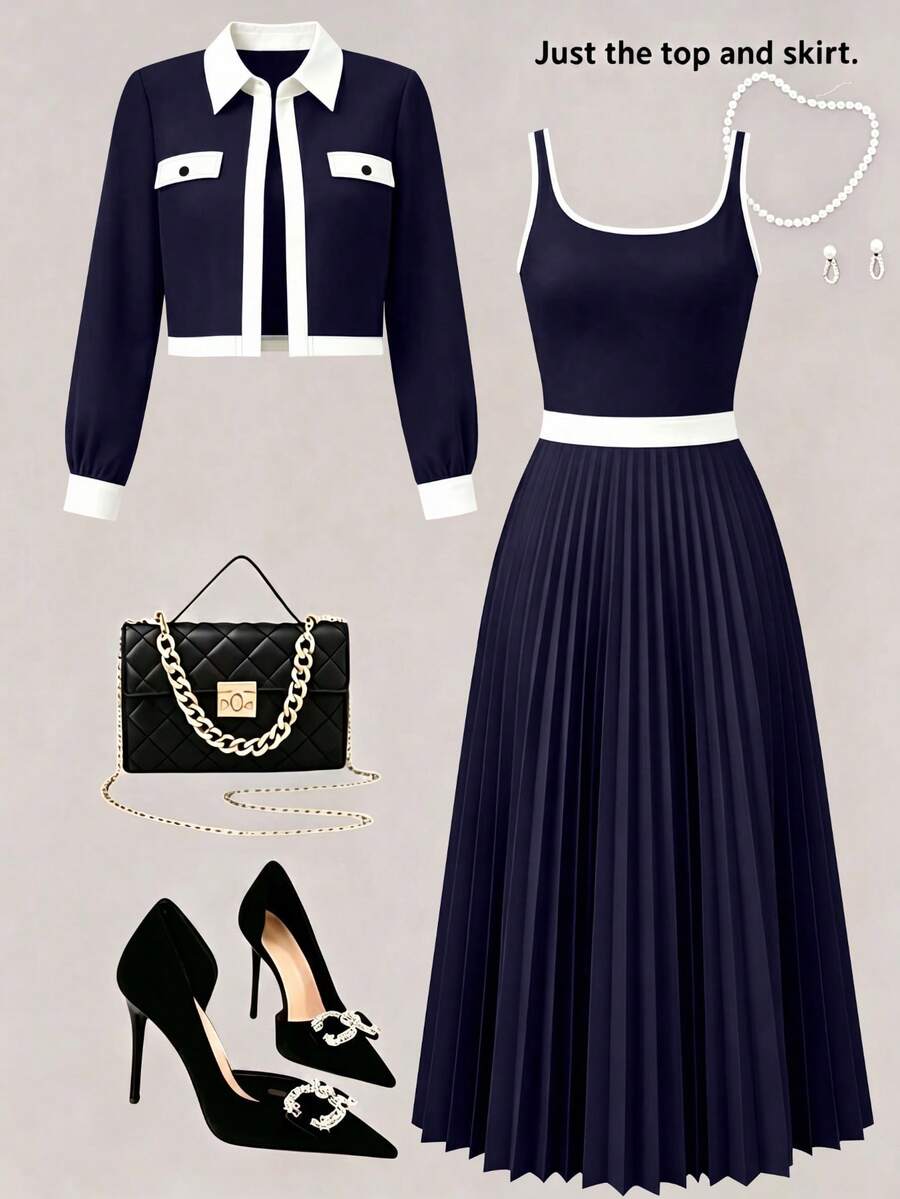 Spring/Autumn Plus Size Women's Elegant 2-Piece Set, Contrast Trim Button Cardigan With Solid Color Long Dress, Suitable For Daily Wear, Office, Airport, Business Commute - Navy - View 1