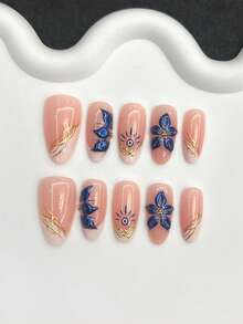 10 piezas Uñas postizas de gel 3D estilo Y2K semi-hechas a mano con forma de almendra, diseño francés blanco con flores azul oscuro de gel 3D, strass y perlas doradas, uñas de primavera y verano, uñas acrílicas falsas de ajuste completo, suministros de uñas adecuados para mujeres para uso diario, trabajo, estudio y fiestas. - Multicolor - Ver 5