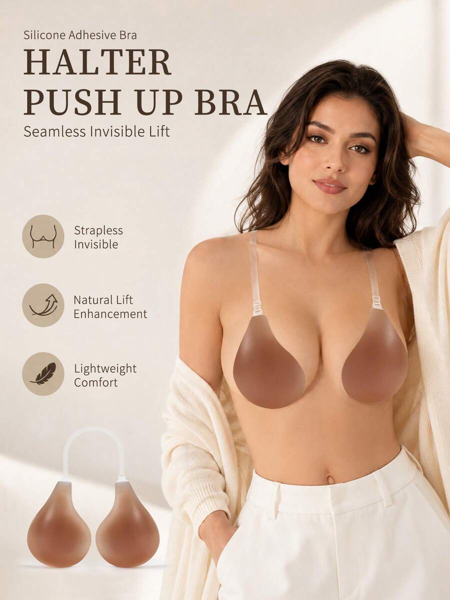 1 buah Bra Pengangkat Tak Terlihat Leher Halter Cokelat, Bra Tak Terlihat Anti Selip untuk Dada Kecil, Bra Tanpa Tali dan Tanpa Punggung, Cocok untuk Gaun, Pakaian Renang, Bikini, Bra Silikon Pengangkat Tak Terlihat Baru dengan Tali, Memperindah Belahan Dada - cokelat kopi - View 1