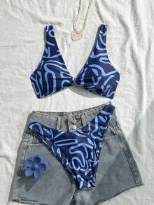 Conjunto de bikini de bandeau con estampado completo y nudo delantero, moda de verano para vacaciones en la playa para mujer - Rosa Pálido - Ver 2