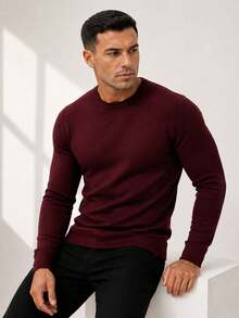 Men's Basic Knitting Sweater Round Neck Long Sleeve - Burgundy - View 8