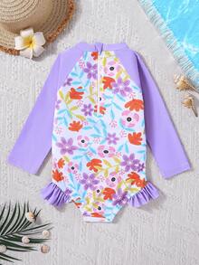 Girls' Long Sleeve Rash Guard Swimsuit, High Neck Design Provides Maximum Sun Protection, Cute Purple Ruffle Hem Adds Sweetness, Zipper Back Closure For Easy On/Off, Suitable For Beach, Pool And Other Occasions - Mauve Purple - View 2
