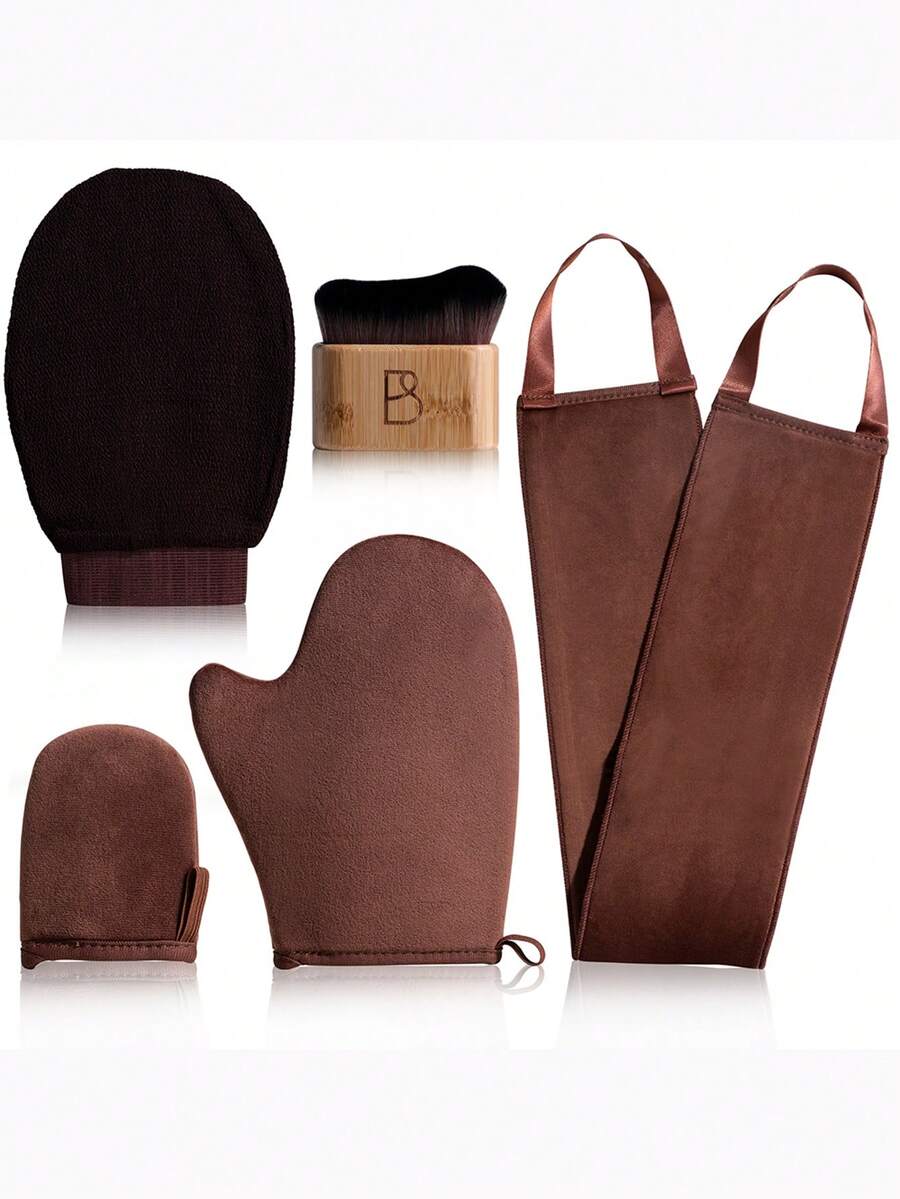 BS-MALL Even Application Multi-Function Tanning Full Body 5-Piece Set Soft Touch Multiple Styles Tanning Full Body Set Self-Tanning Seamless Application Set Face Body Full Body Sun Protection Tanning Application Set Tool Gloves - Brown - View 1